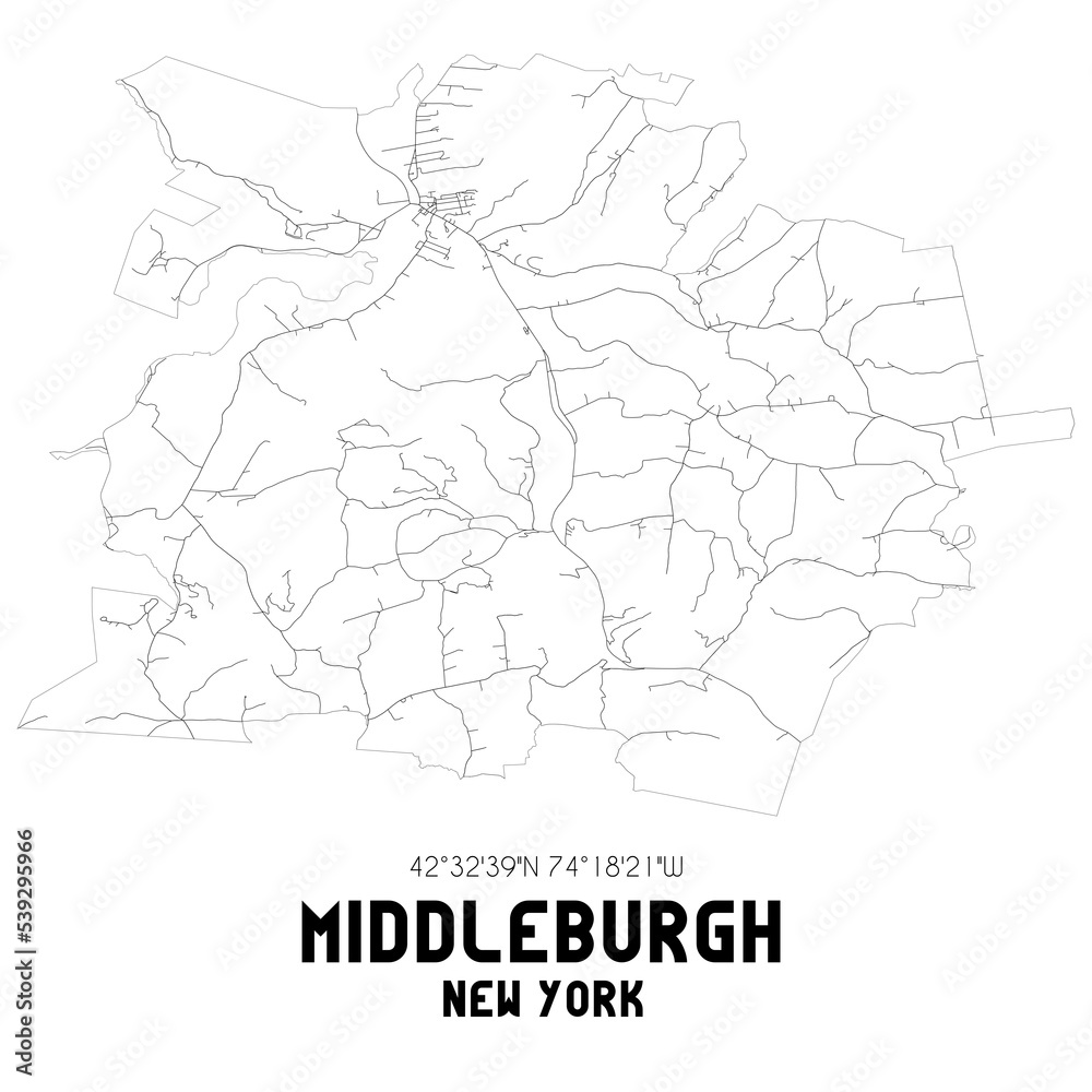 Middleburgh New York. US street map with black and white lines.