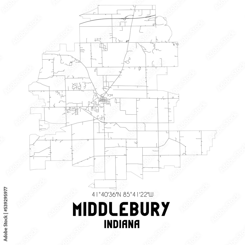 Middlebury Indiana. US street map with black and white lines.