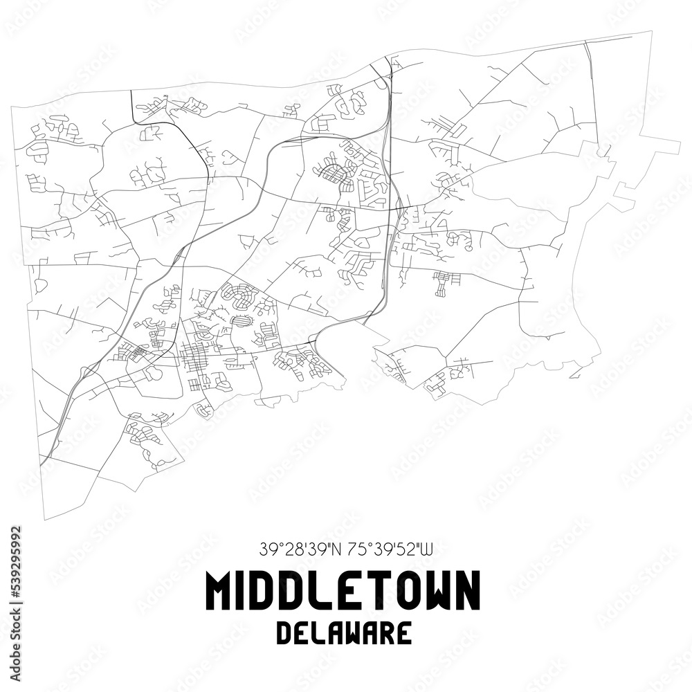 Middletown Delaware. US street map with black and white lines.