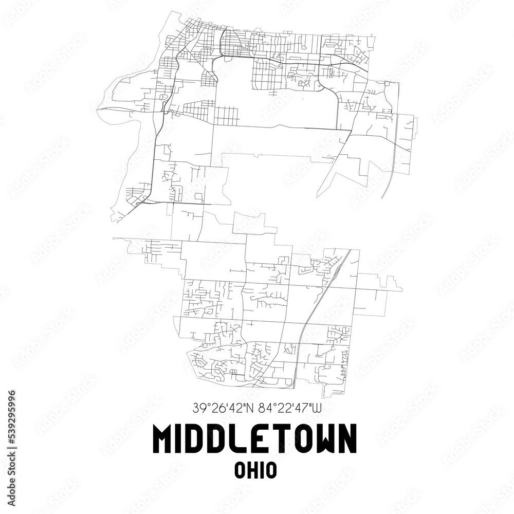 Middletown Ohio. US street map with black and white lines.