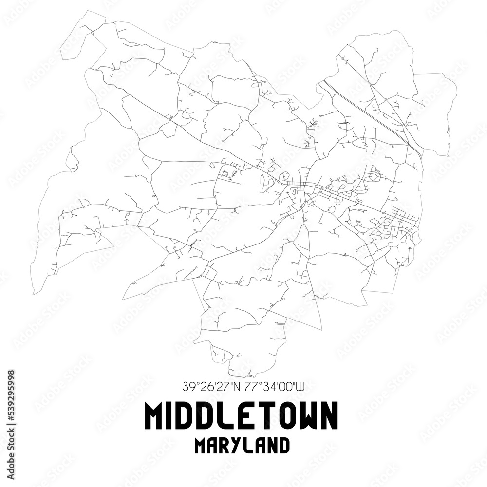 Middletown Maryland. US street map with black and white lines.