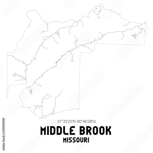 Middle Brook Missouri. US street map with black and white lines.