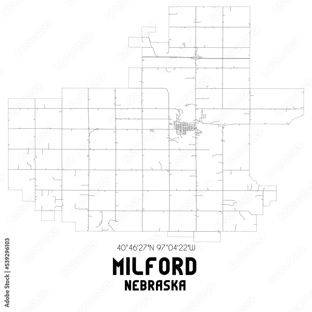 Milford Nebraska. US street map with black and white lines.