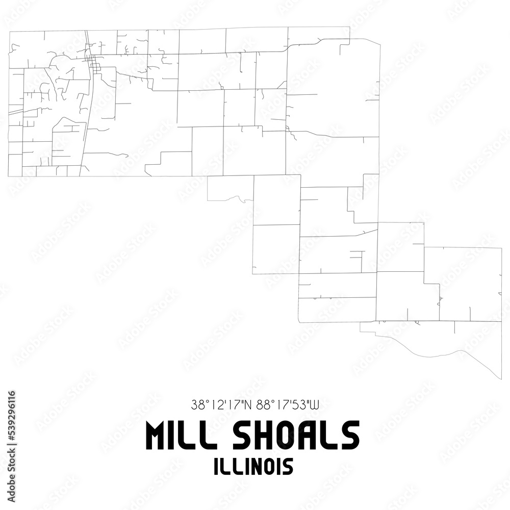 Mill Shoals Illinois. US street map with black and white lines.