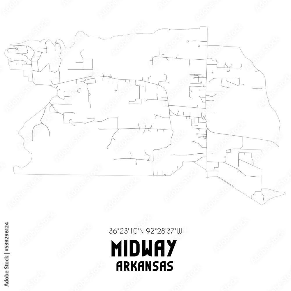 Midway Arkansas. US street map with black and white lines.