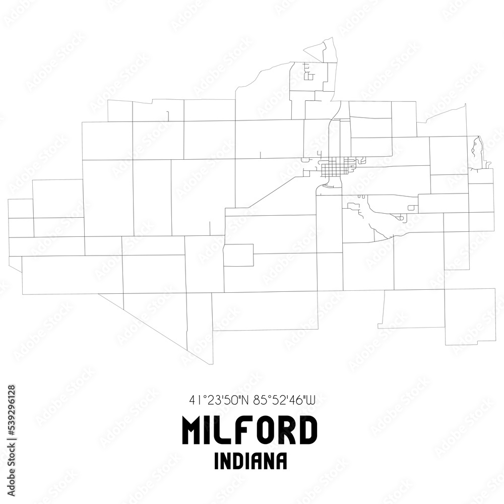 Milford Indiana. US street map with black and white lines.