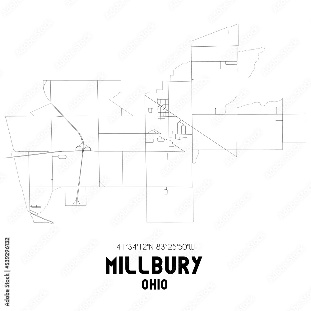 Millbury Ohio. US street map with black and white lines.