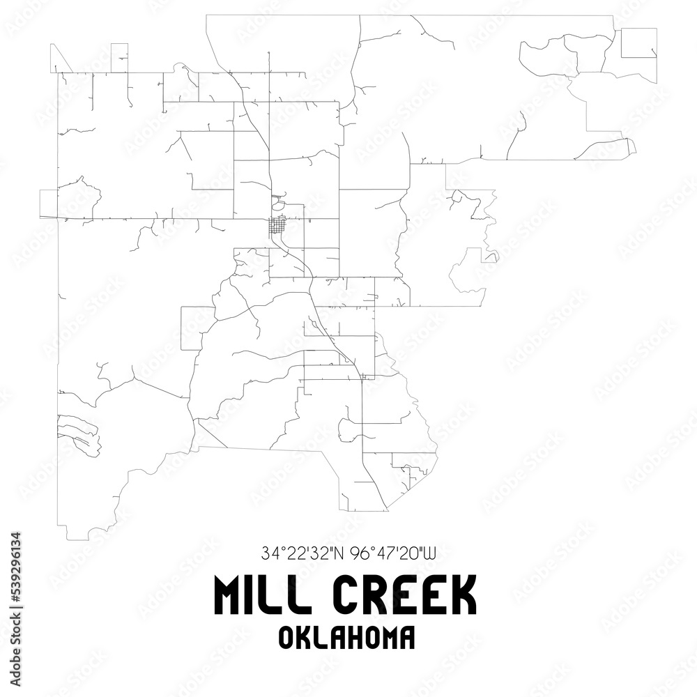Mill Creek Oklahoma. US street map with black and white lines.