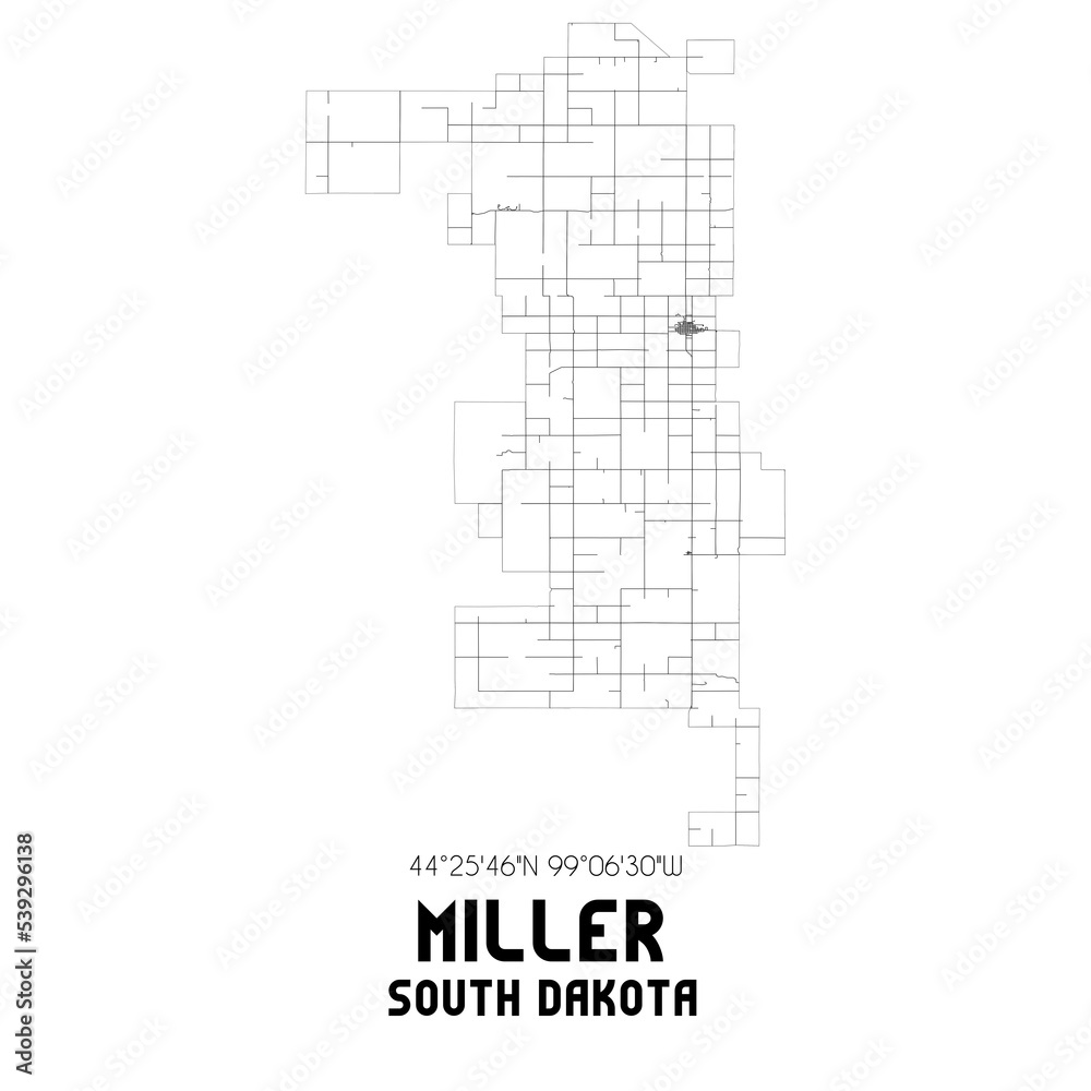 Miller South Dakota. US street map with black and white lines.