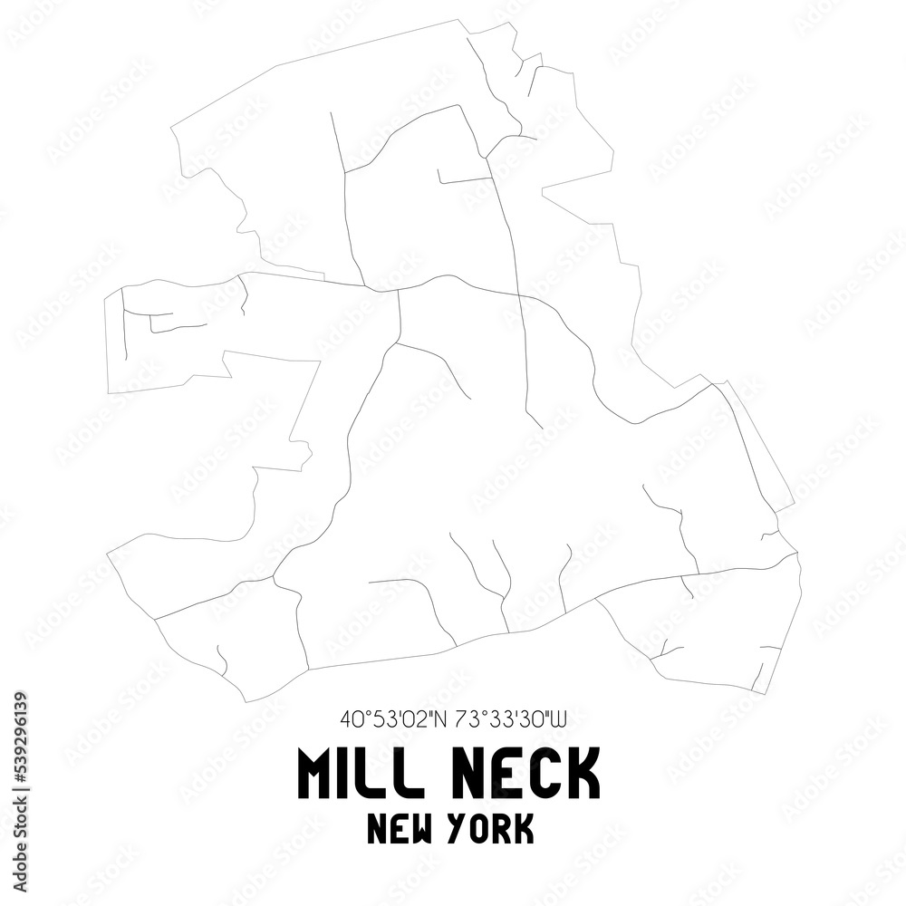 Mill Neck New York. US street map with black and white lines.