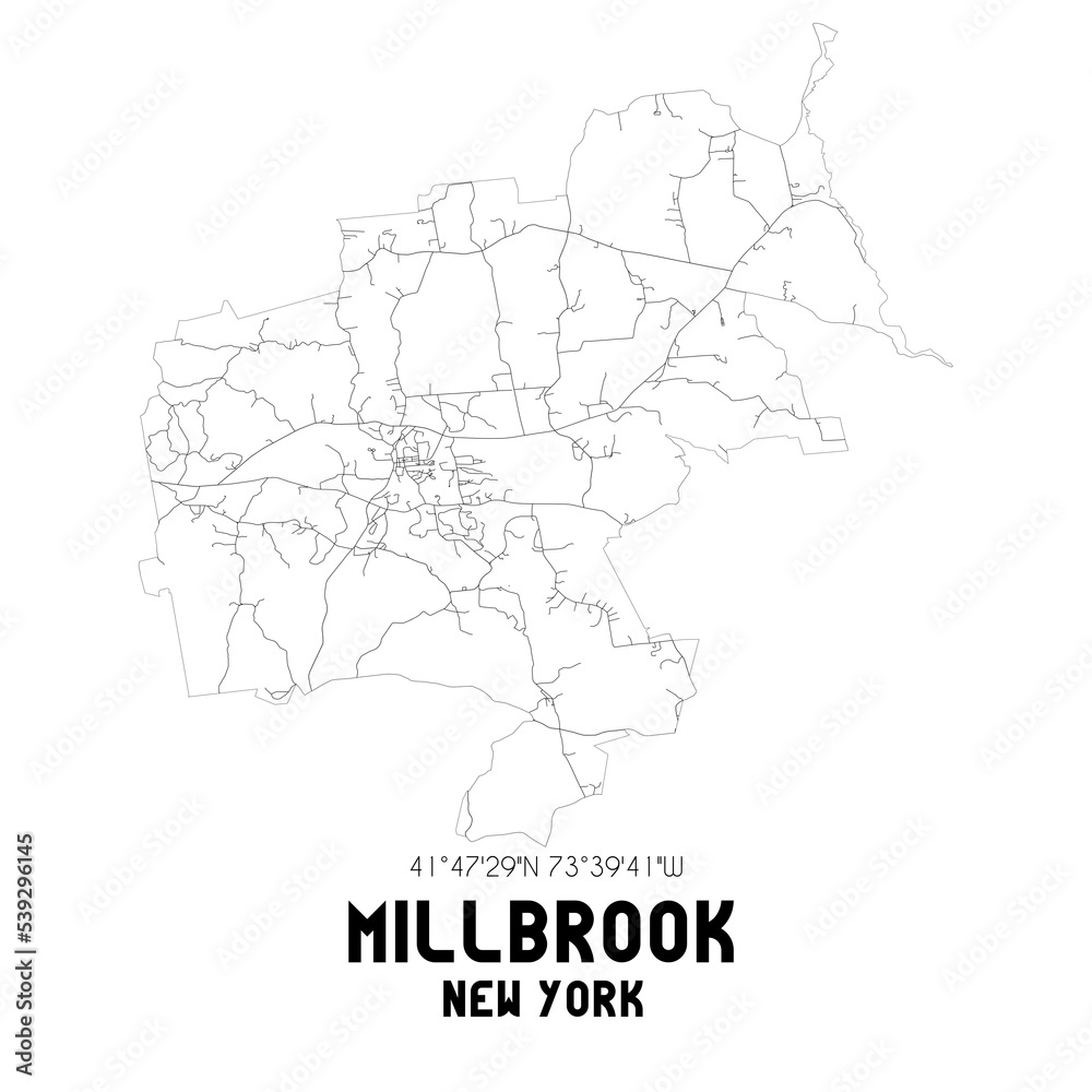 Millbrook New York. US street map with black and white lines.