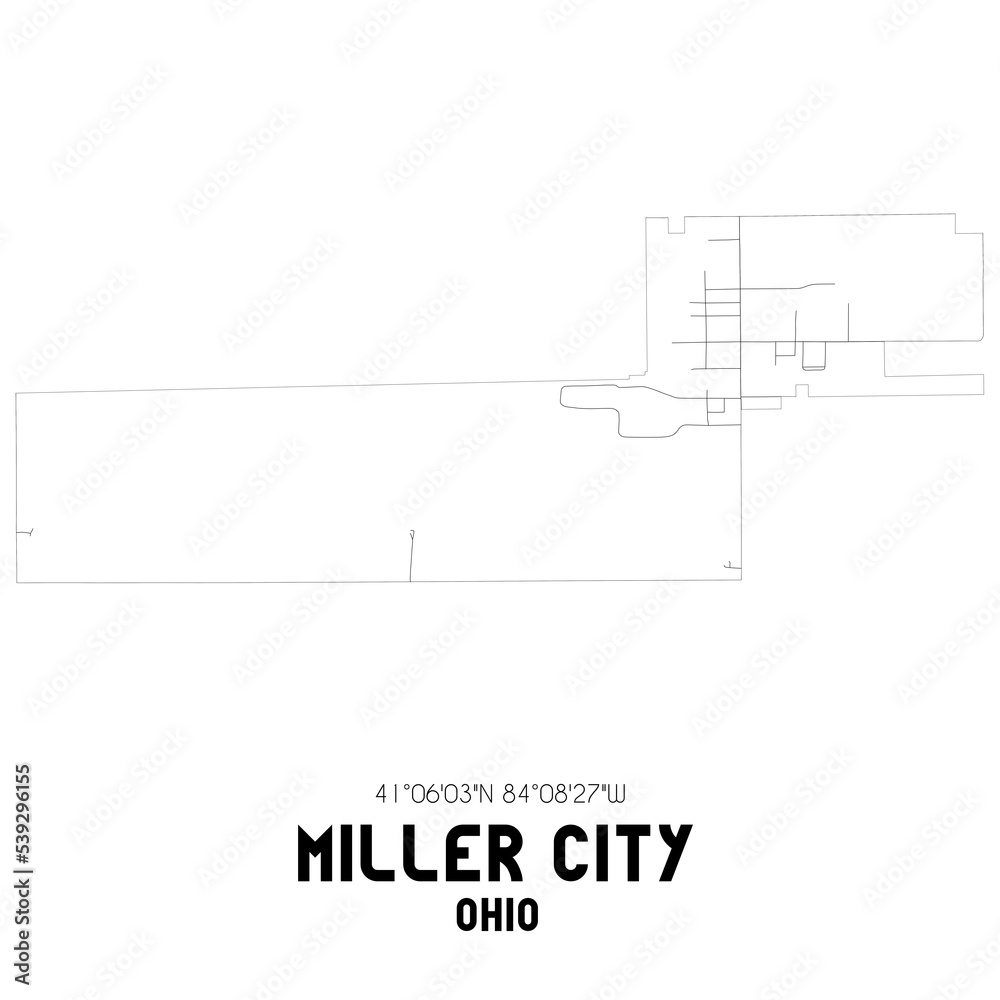 Miller City Ohio. US street map with black and white lines.