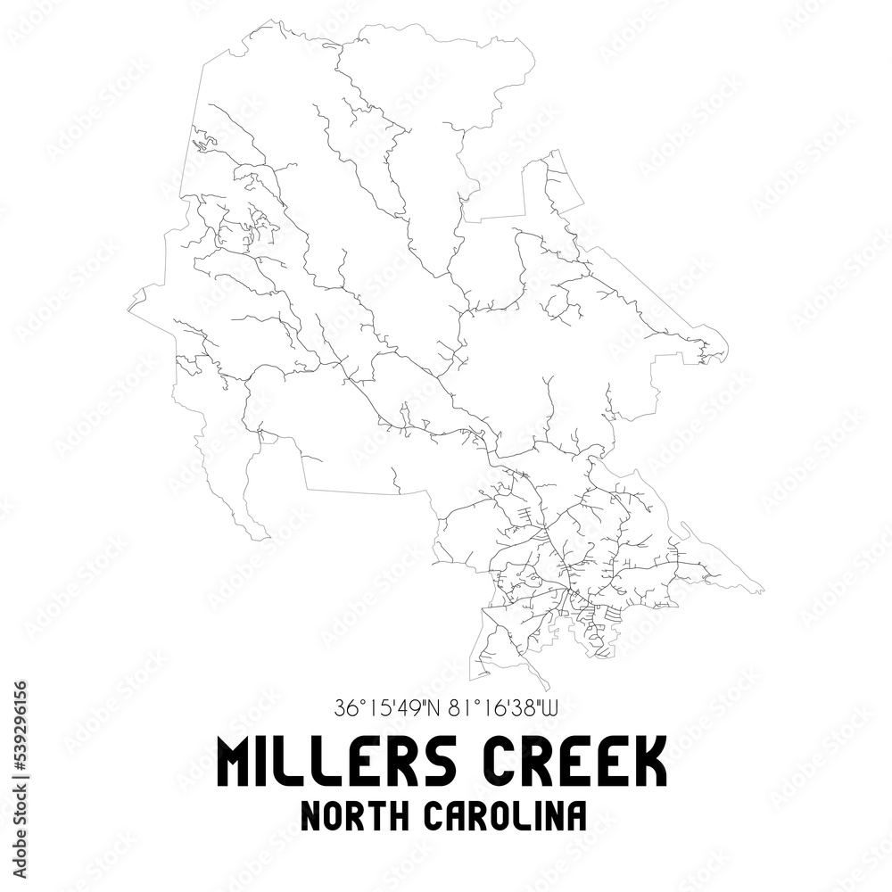 Millers Creek North Carolina. US street map with black and white lines.