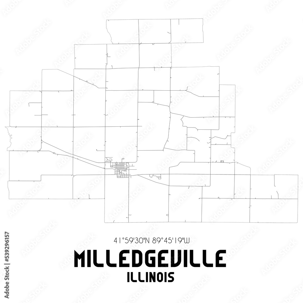 Milledgeville Illinois. US street map with black and white lines.