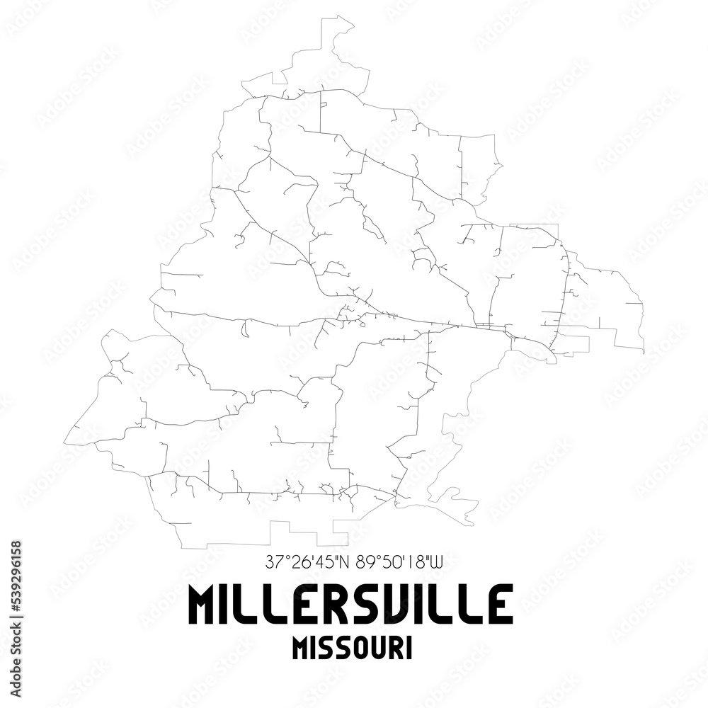 Millersville Missouri. US street map with black and white lines.