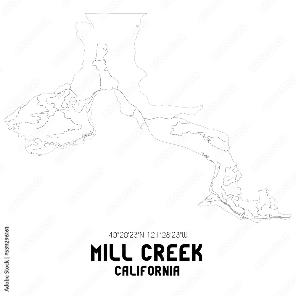 Mill Creek California. US street map with black and white lines.
