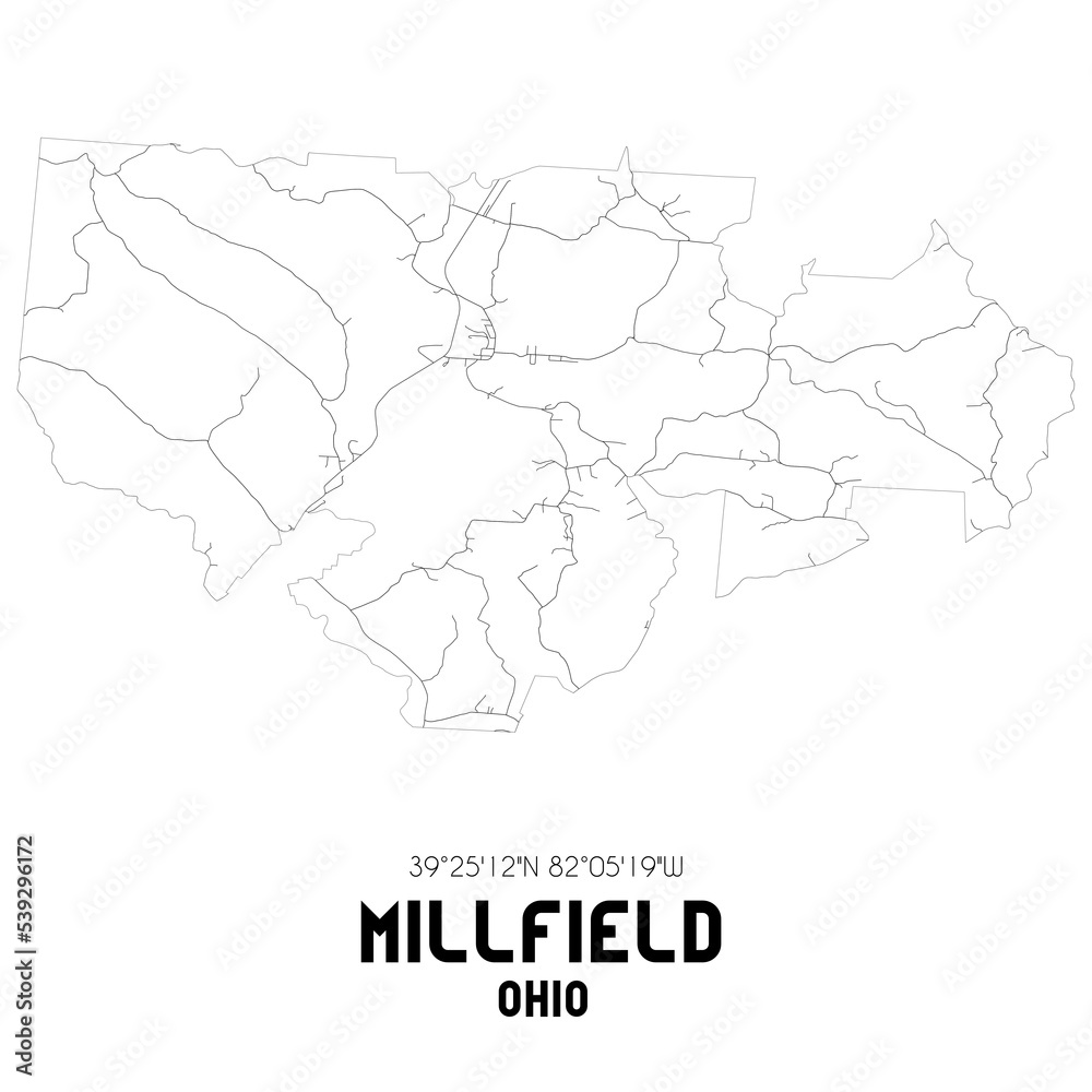 Millfield Ohio. US street map with black and white lines.