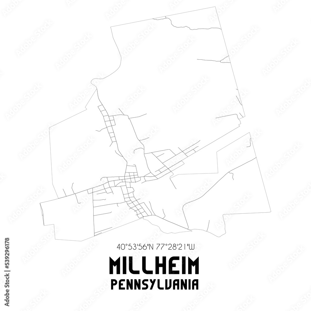 Obraz premium Millheim Pennsylvania. US street map with black and white lines.