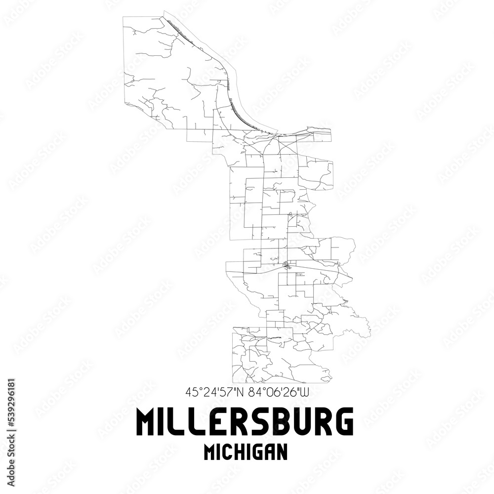 Millersburg Michigan. US street map with black and white lines.