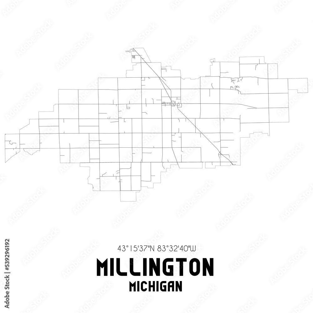Millington Michigan. US street map with black and white lines.