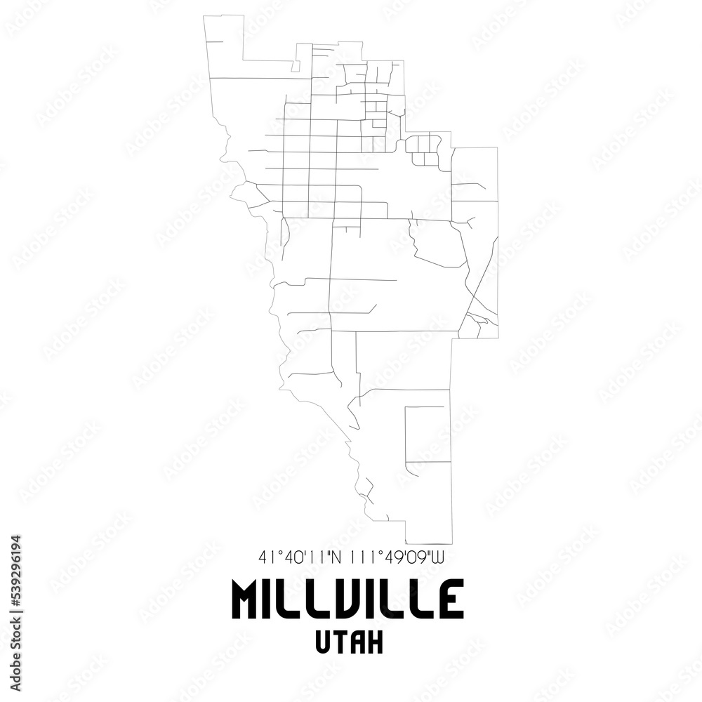 Millville Utah. US street map with black and white lines.