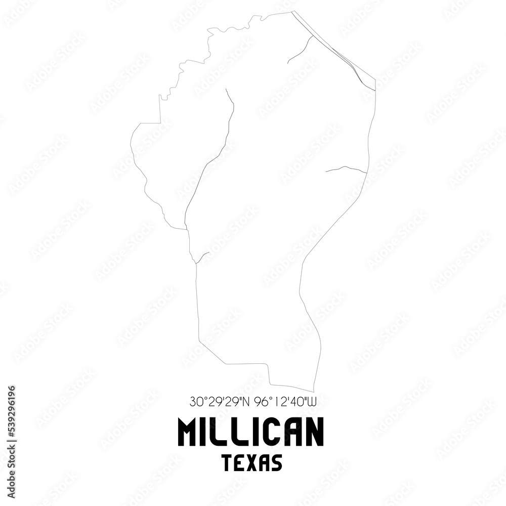 Millican Texas. US street map with black and white lines. Millican Texas. US street map with black and white lines.