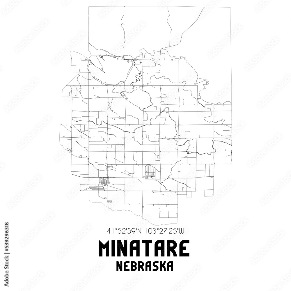 Minatare Nebraska. US street map with black and white lines.