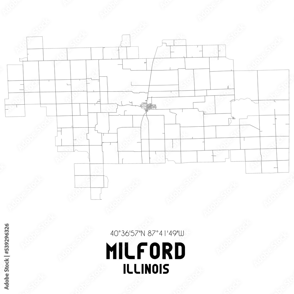 Milford Illinois. US street map with black and white lines.