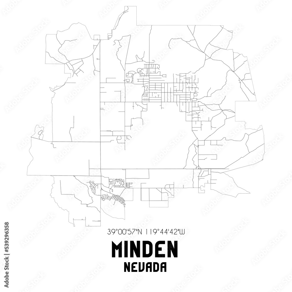 Minden Nevada. US street map with black and white lines.
