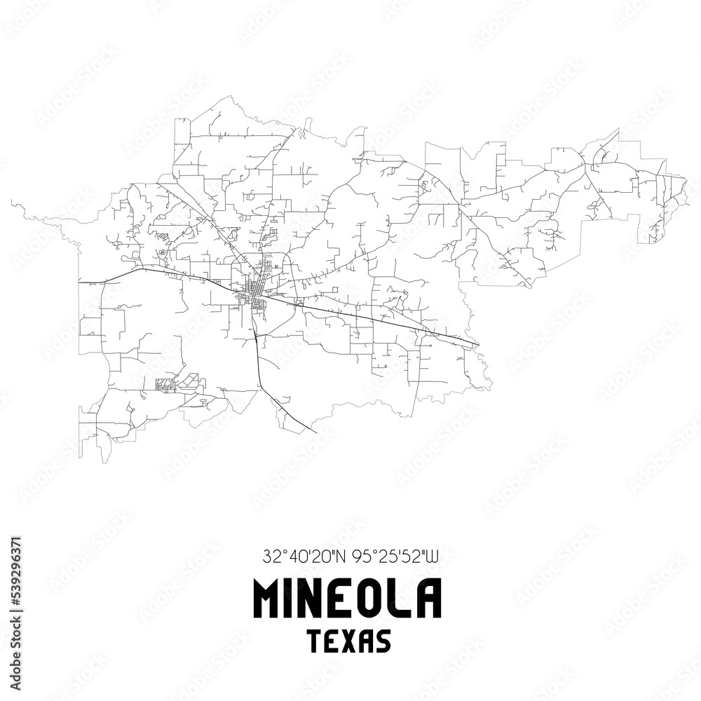 Mineola Texas. US street map with black and white lines.