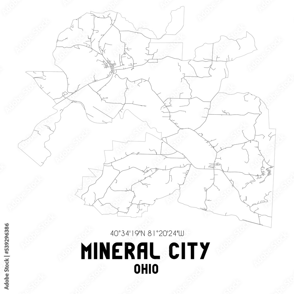 Mineral City Ohio. US street map with black and white lines.