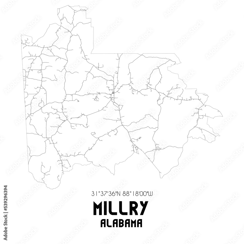 Millry Alabama. US street map with black and white lines.