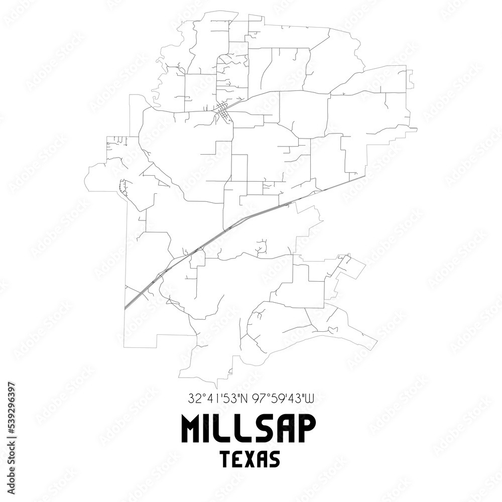 Millsap Texas. US street map with black and white lines.