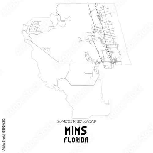 Mims Florida. US street map with black and white lines.