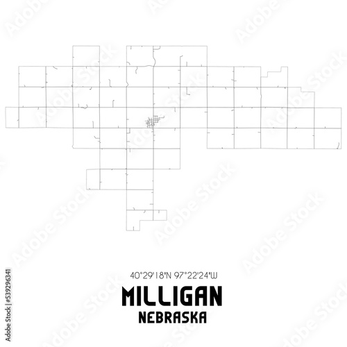 Milligan Nebraska. US street map with black and white lines.