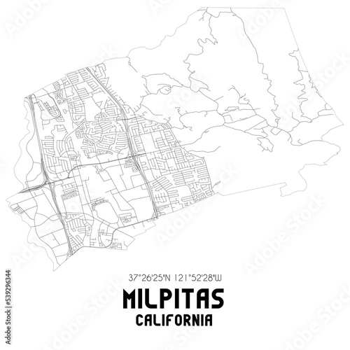 Milpitas California. US street map with black and white lines. photo