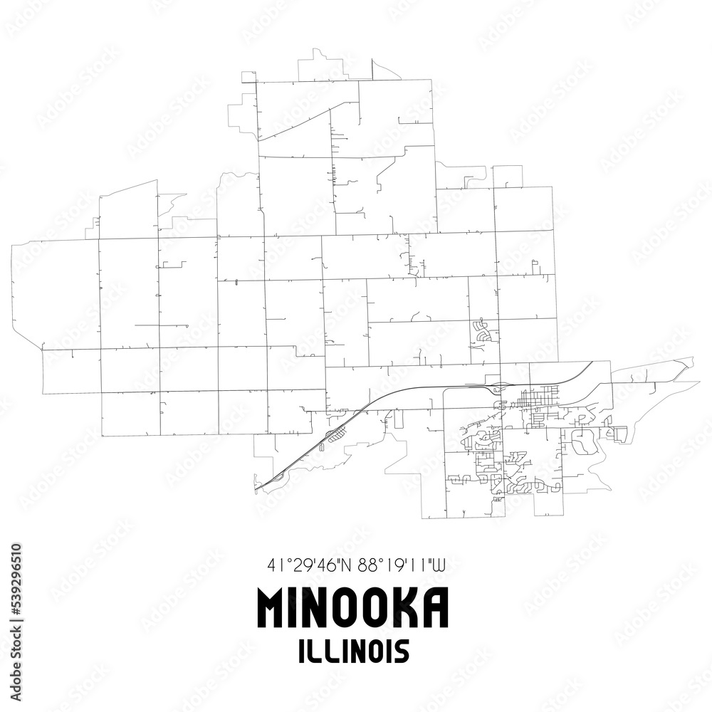 Minooka Illinois. US street map with black and white lines.