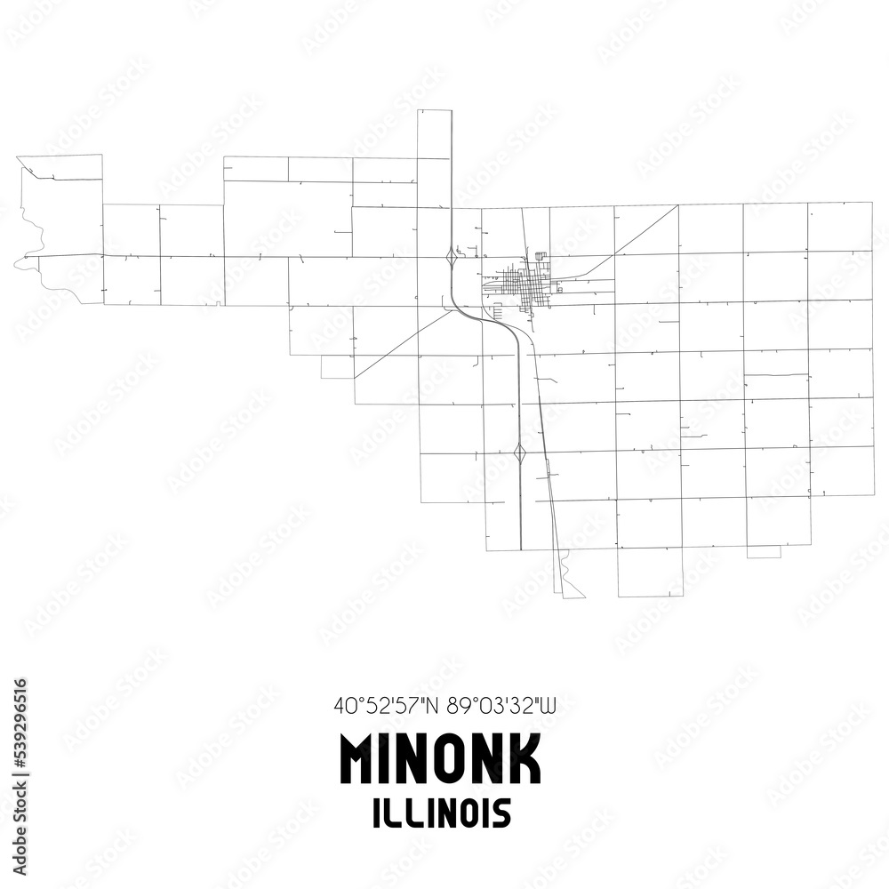 Minonk Illinois. US street map with black and white lines. Minonk Illinois. US street map with black and white lines.