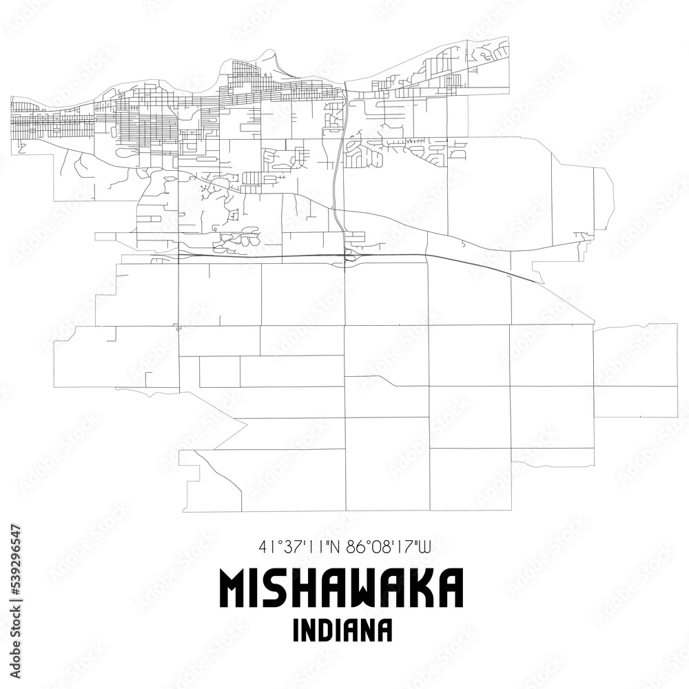 Mishawaka Indiana. US street map with black and white lines.
