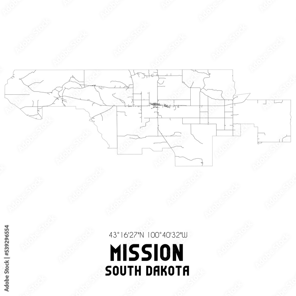 Mission South Dakota. US street map with black and white lines.