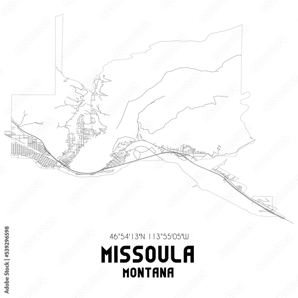 Missoula Montana. US street map with black and white lines.