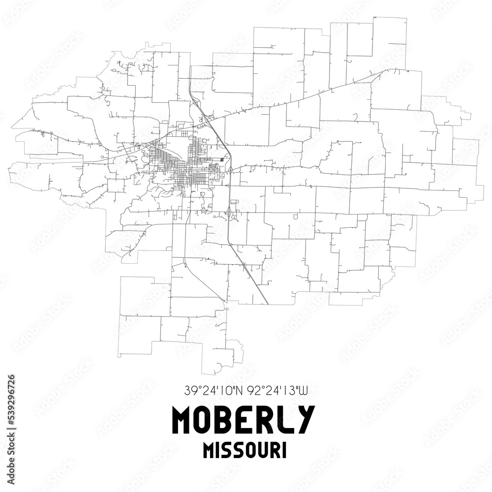 Moberly Missouri. US street map with black and white lines.
