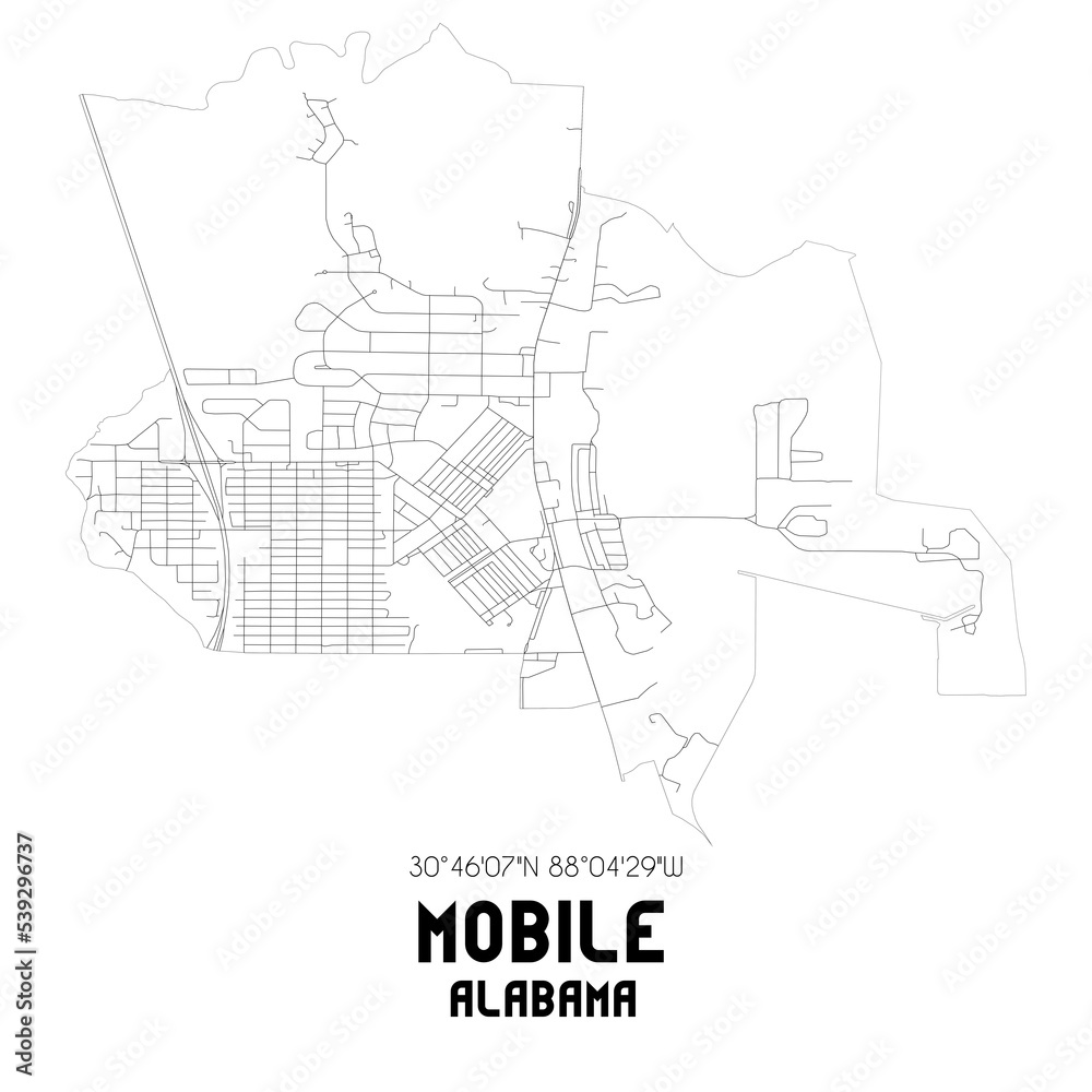 Mobile Alabama. US street map with black and white lines.