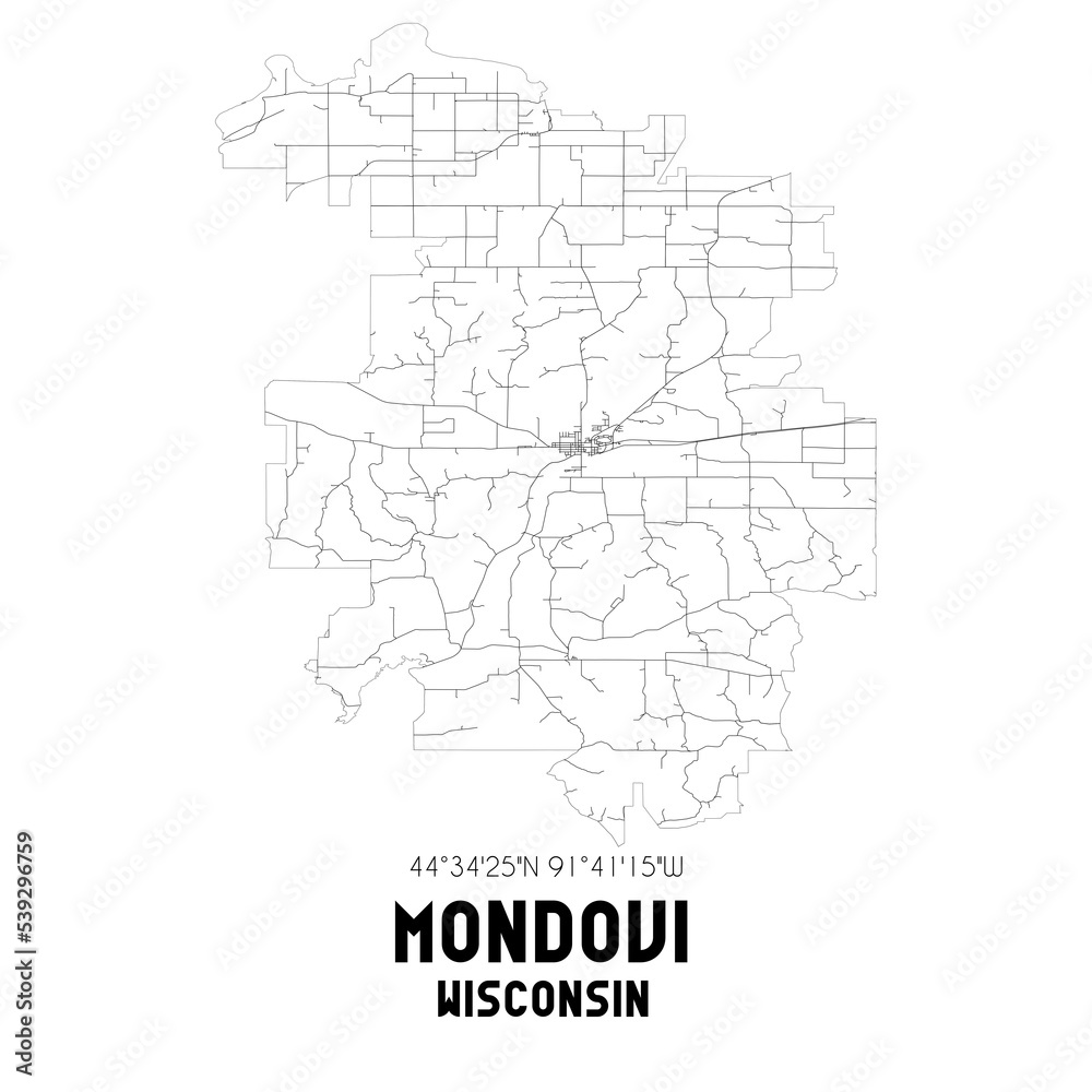 Mondovi Wisconsin. US street map with black and white lines.