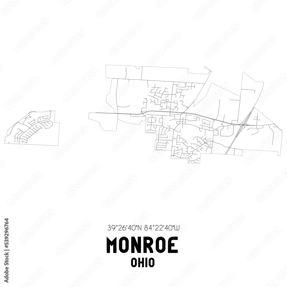Monroe Ohio. US street map with black and white lines.