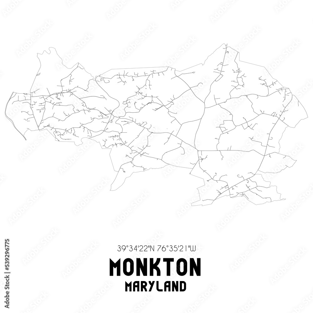 Monkton Maryland. US street map with black and white lines.
