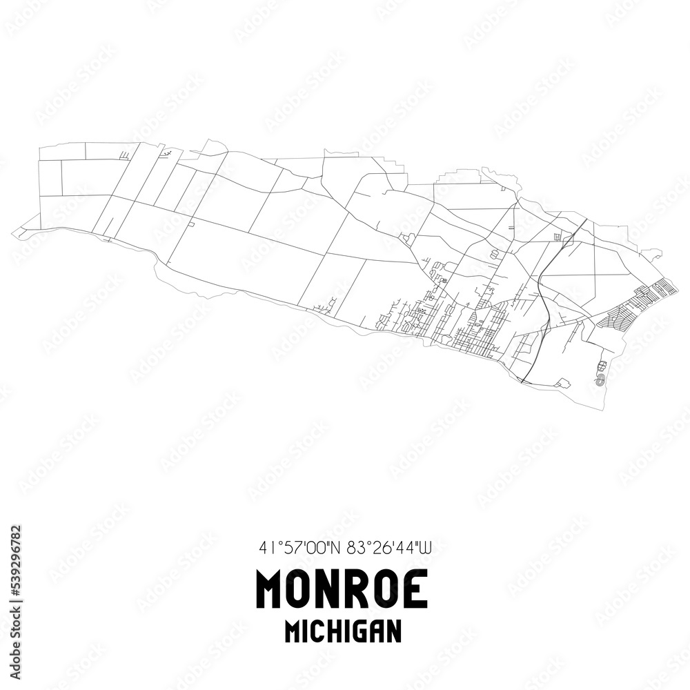 Monroe Michigan. US street map with black and white lines. ilustração