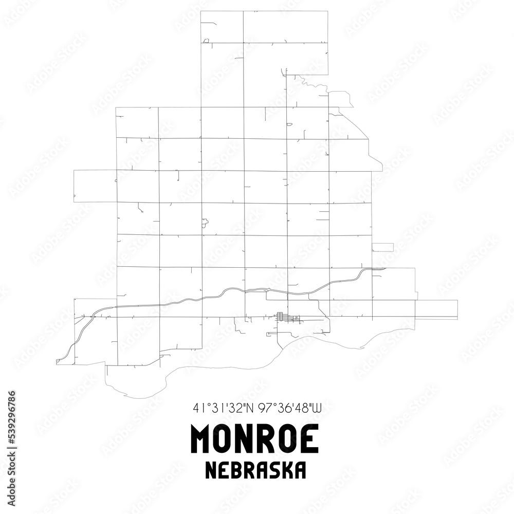 Monroe Nebraska. US street map with black and white lines.
