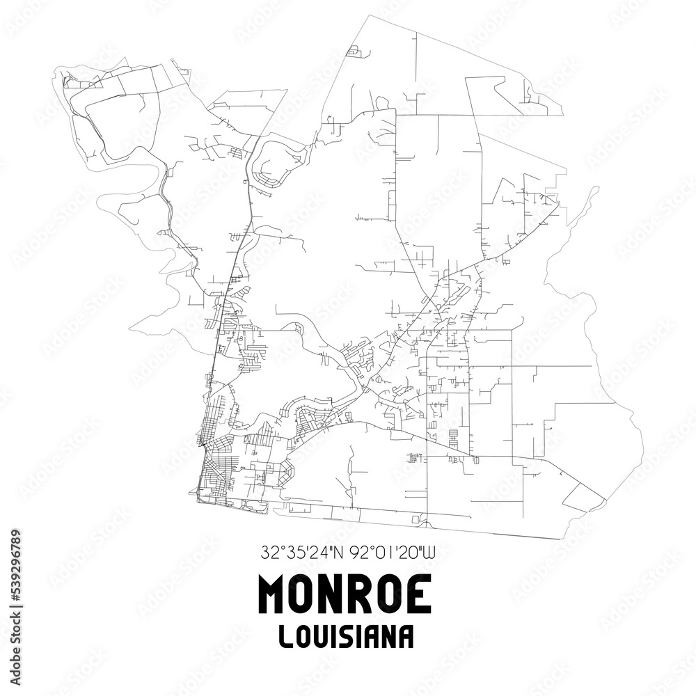 Monroe Louisiana. US street map with black and white lines.