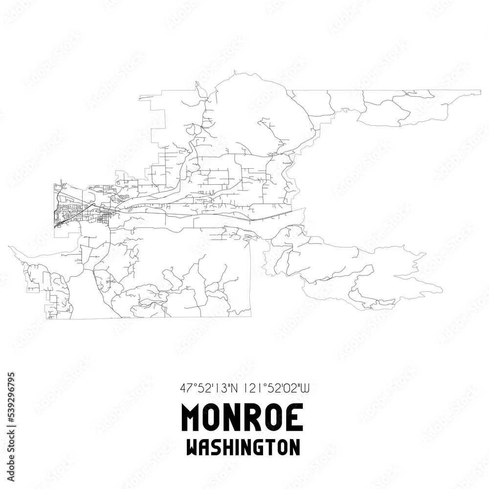 Monroe Washington. US street map with black and white lines.